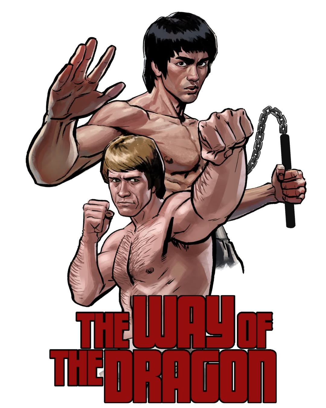 2boys, arm_hair, artoftu, brown_hair, bruce_lee, chest_hair, chuck_norris, clenched_hands, colt_(the_way_of_the_dragon), commentary, copyright_name, highres, holding, holding_weapon, male_focus, multiple_boys, short_hair, simple_background, tang_lung, the_way_of_the_dragon, topless_male, weapon, white_background