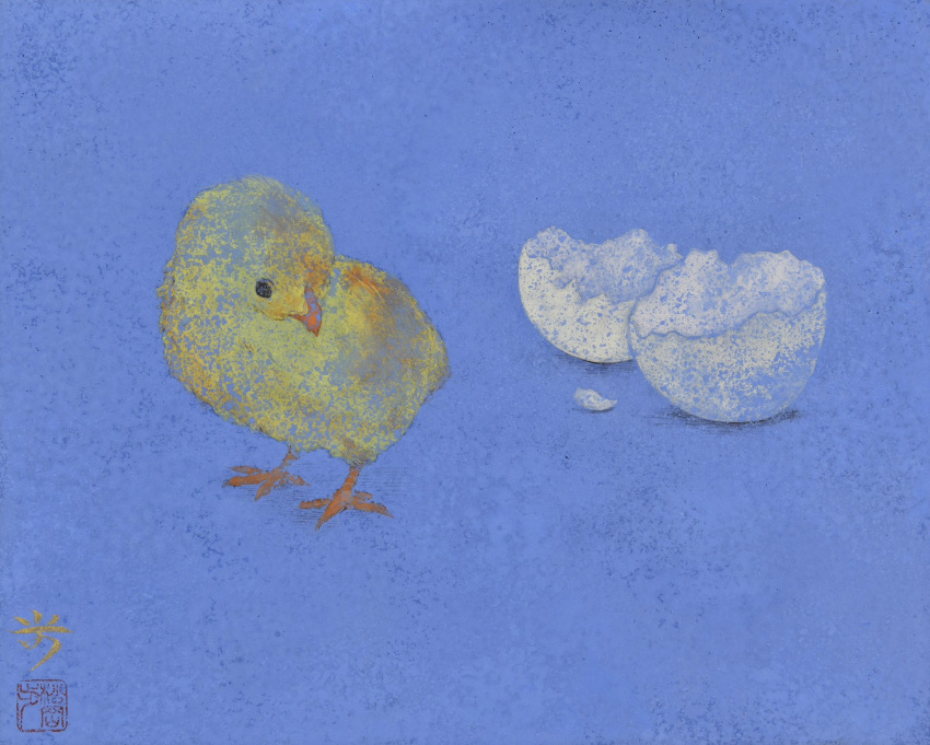 animal_focus, baby_animal, bird, blue_background, broken_egg, chick, commentary_request, damumun