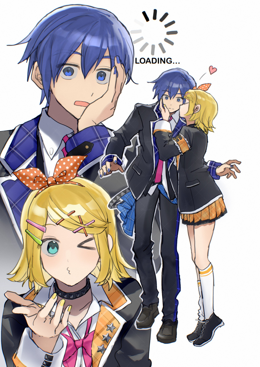 >_o, 1boy, 1girl, 6_chair, absurdres, aqua_eyes, armband, black_choker, black_jacket, black_pants, black_shoes, blazer, blonde_hair, blowing_kiss, blue_eyes, blue_hair, blue_nails, bow, bow_hairband, bowtie, choker, closed_mouth, commentary, english_commentary, frilled_armband, frills, full_body, hair_ornament, hairband, hairclip, hand_on_another's_face, hand_on_own_face, hand_up, hetero, highres, jacket, kagamine_rin, kaito, kaito_(vocaloid), kiss, kissing_cheek, kneehighs, leo/need_kaito, leo/need_rin, loading_icon, loafers, long_sleeves, multiple_views, necktie, o3o, one_eye_closed, open_mouth, orange_armband, orange_hairband, orange_skirt, pants, pink_bow, pink_bowtie, pink_necktie, plaid_clothes, plaid_skirt, plaid_trim, pleated_skirt, polka_dot_hairband, project_sekai, puckered_lips, school_uniform, shirt, shoes, simple_background, skirt, sneakers, socks, studded_choker, surprise_kiss, surprised, vocaloid, white_background, white_shirt, white_socks, wide-eyed, x_hair_ornament, yellow_nails