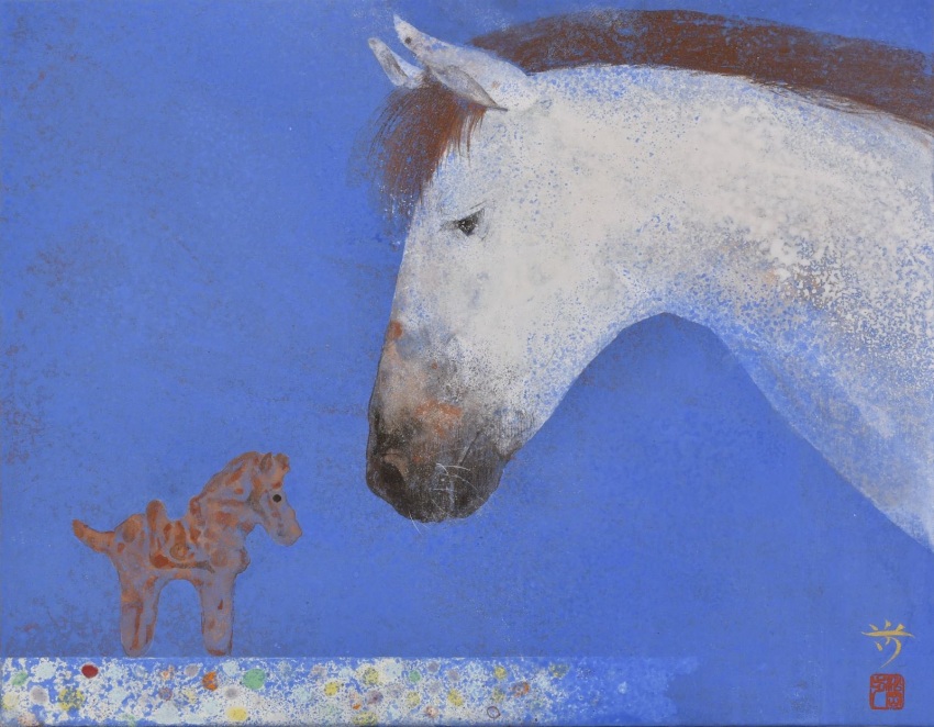 animal_focus, blue_background, commentary_request, damumun, highres, horse, no_humans, original, sculpture