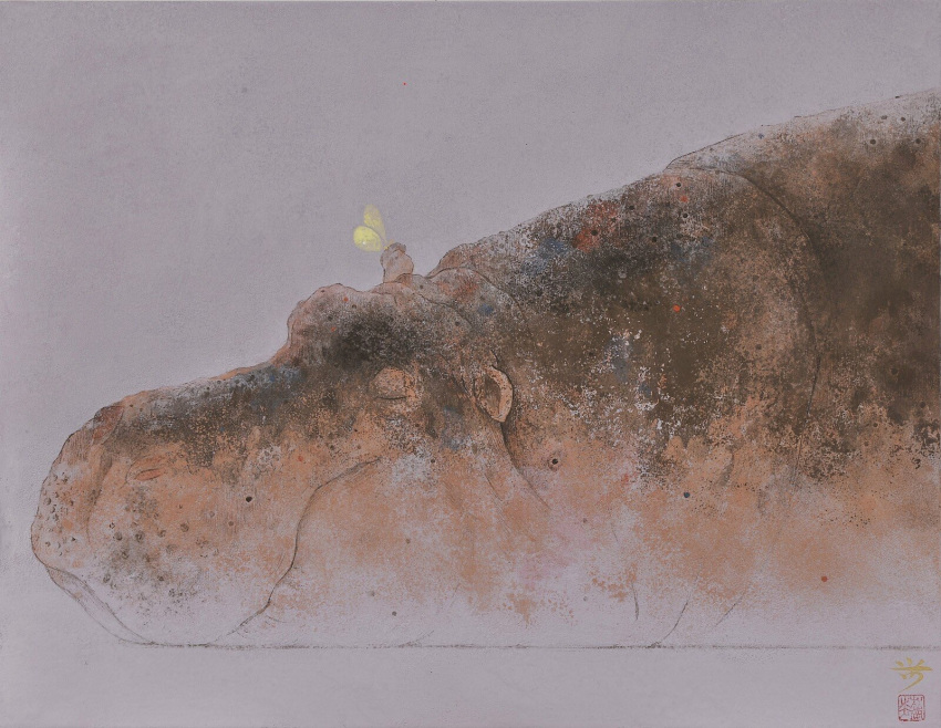 animal_focus, bug, butterfly, commentary_request, damumun, grey_background, highres, hippopotamus