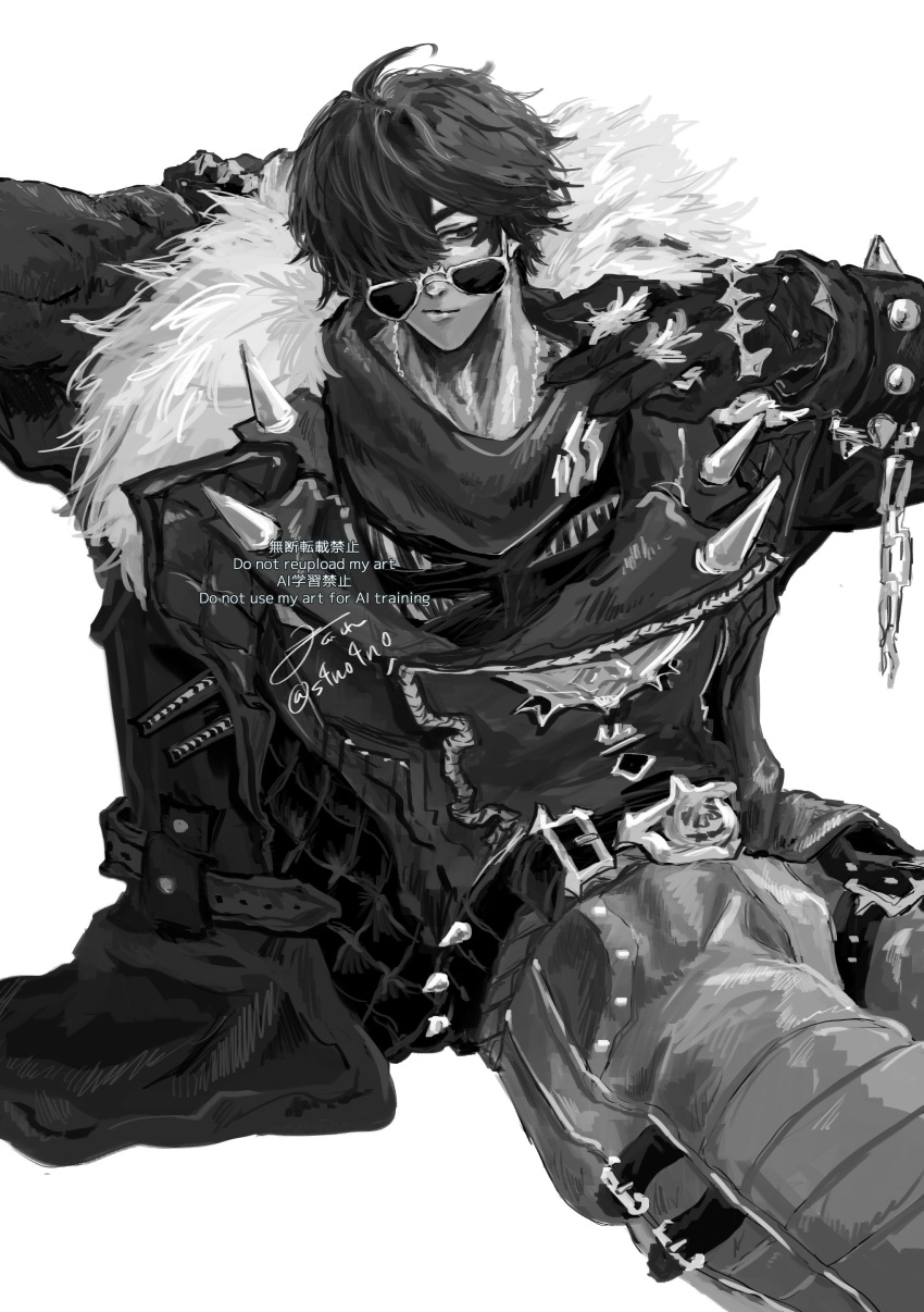 1boy, absurdres, belt, black_gloves, black_jacket, cowboy_shot, gloves, greyscale