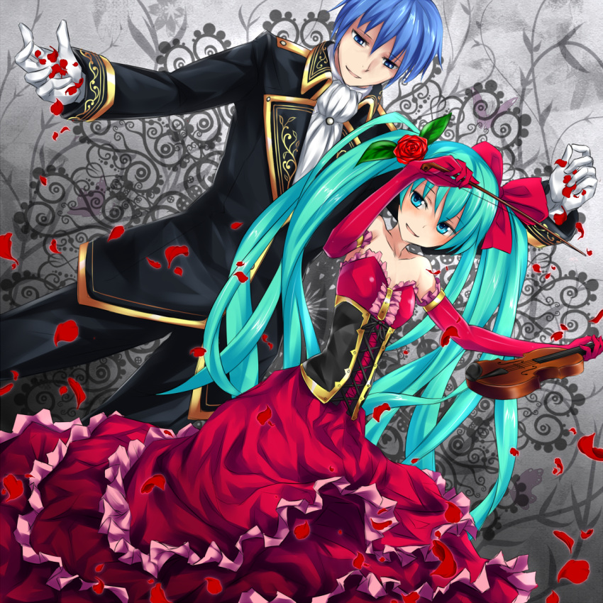 aqua_hair, bare_shoulders, blue_eyes, blue_hair, cantarella_(vocaloid), corset, dress, elbow_gloves, flower, formal, gloves, hair_flower, hair_ornament, hair_ribbon, hatsune_miku, highres, instrument, kaito, keikotsu, long_hair, petals, red_dress, red_rose, ribbon, rose, strapless_dress, twintails, very_long_hair, violin, vocaloid