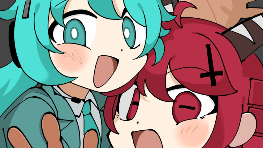 2girls, :d, ahoge, akuma_(tententengokujigokugoku), akuma_(tententengokujigokugoku)_(cosplay), alternate_costume, aqua_eyes, aqua_hair, aqua_necktie, bright_pupils, close-up, cosplay, dot_nose, drill_hair, hair_ornament, hatsune_miku, horizontal_pupils, kasane_teto, looking_at_viewer, multiple_girls, necktie, open_mouth, red_eyes, red_hair, smile, takaoka_mizuki, tenshi_(tententengokujigokugoku), tenshi_(tententengokujigokugoku)_(cosplay), tententengokujigokugoku_(aiobahn), utau, vocaloid, white_pupils