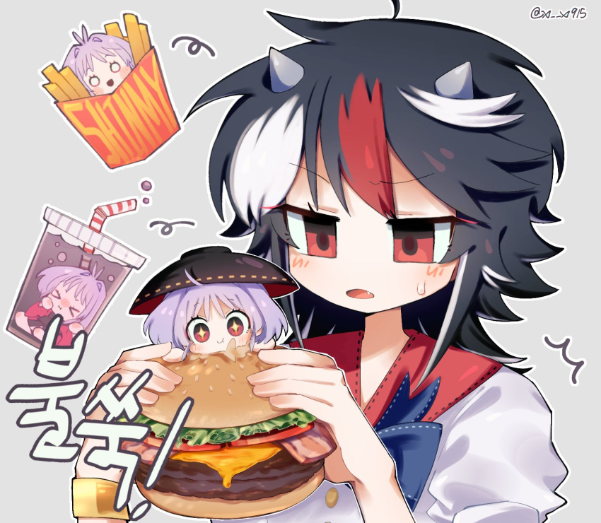 2girls, :t, bacon, black_hair, blue_bow, blue_bowtie, blush, bow