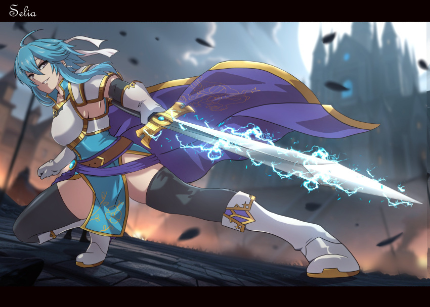 1girl, ahoge, armor, armpits, belt, blue_hair, blue_tunic, boots