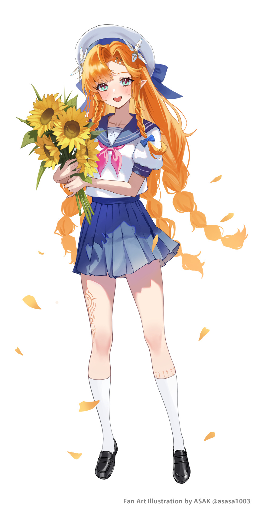 1girl, absurdres, alternate_costume, artist_name, black_shoes, blue_sailor_collar, blue_skirt, braid