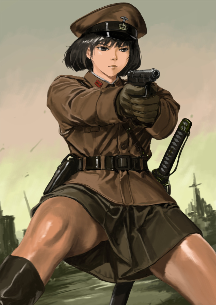 1girl, black_eyes, black_skirt, blunt_bangs, bob_cut, brown_gloves, brown_hair, center-flap_bangs