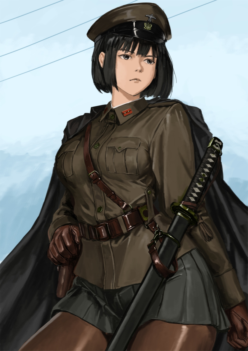 1girl, black_coat, black_eyes, black_skirt, blunt_bangs, bob_cut, brown_gloves, brown_hair