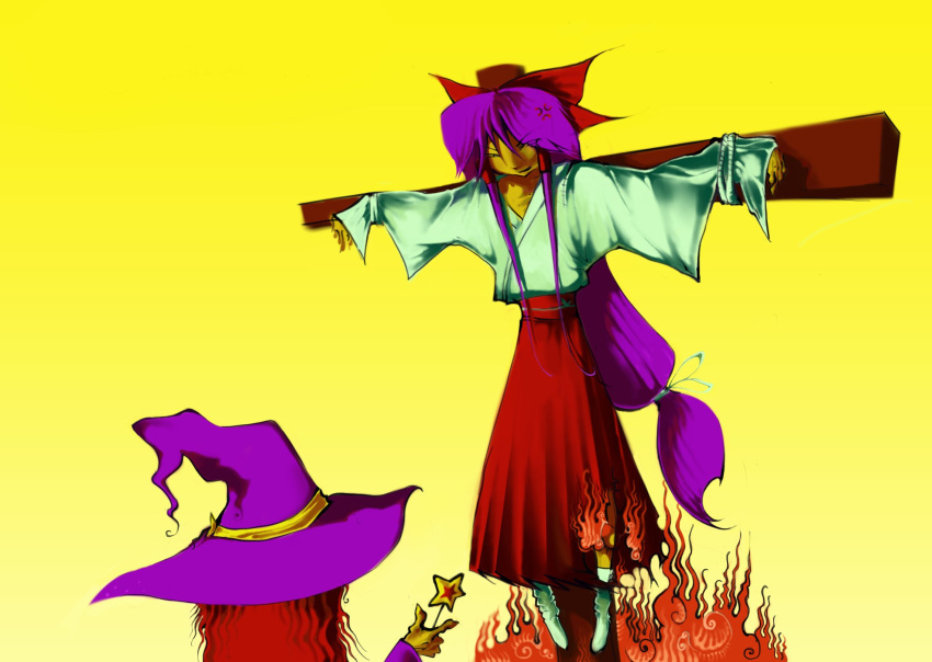 2girls, anger_vein, bow, burning_clothes, crucifixion, full_body, hair_bow, hakama, hakama_skirt, hakurei_reimu, hakurei_reimu_(pc-98), half-closed_eyes, hat, highres, holding, holding_wand, japanese_clothes, kimono, kirisame_marisa, kirisame_marisa_(pc-98), long_hair, long_sidelocks, long_skirt, looking_at_another, low-tied_long_hair, luftinfektion, multiple_girls, outstretched_arms, ponytail, purple_hair, purple_hat, red_bow, red_hair, red_skirt, scene_reference, sidelocks, skirt, smile, spread_arms, story_of_eastern_wonderland, touhou, touhou_(pc-98), v-shaped_eyebrows, wand, white_kimono, witch_hat, yellow_background