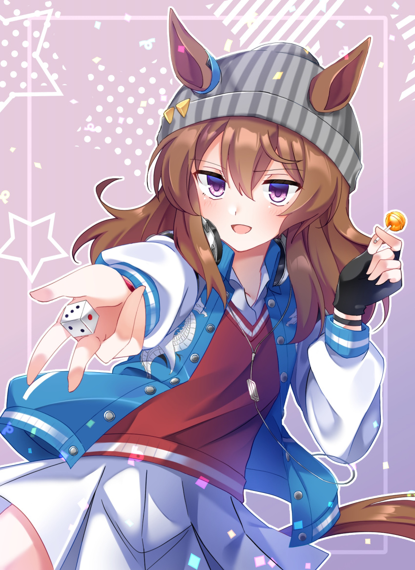 1girl, absurdres, animal_ears, beanie, black_gloves, blue_coat, brown_hair, candy, coat, commentary_request, dice, ears_through_headwear, fingerless_gloves, food, gloves, grey_hat, hair_between_eyes, hat, headphones, headphones_around_neck, highres, holding, holding_candy, holding_dice, holding_food, holding_lollipop, horse_ears, horse_girl, horse_tail, jacket, lollipop, long_hair, long_sleeves, looking_at_viewer, nakayama_festa_(shichuukyuukatsu)_(umamusume), nakayama_festa_(umamusume), prototype_design, red_sweater_vest, sese_(user_zkhn7285), shirt, skirt, smile, sweater_vest, tail, torn_clothes, torn_shirt, umamusume, violet_eyes, white_skirt