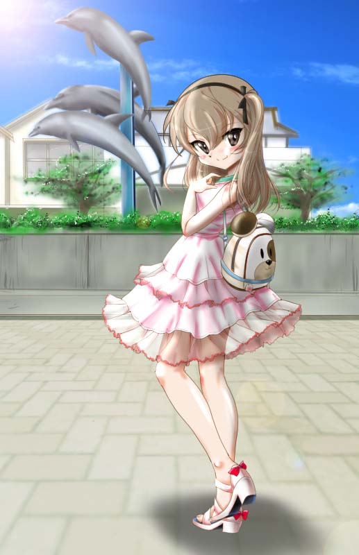 1girl, backpack, bag, blue_sky, brown_eyes, brown_hair, commentary_request, dress, full_body, girls_und_panzer, high_heels, kazuna_kei, long_hair, looking_at_viewer, ooarai_(ibaraki), outdoors, pink_dress, shimada_arisu, sky, smile, solo, statue, sunlight