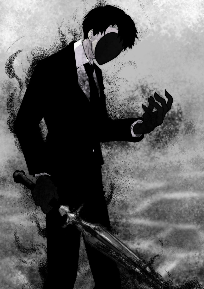 1boy, arm_up, black_gloves, black_hair, black_mask, black_necktie, black_suit, collared_shirt
