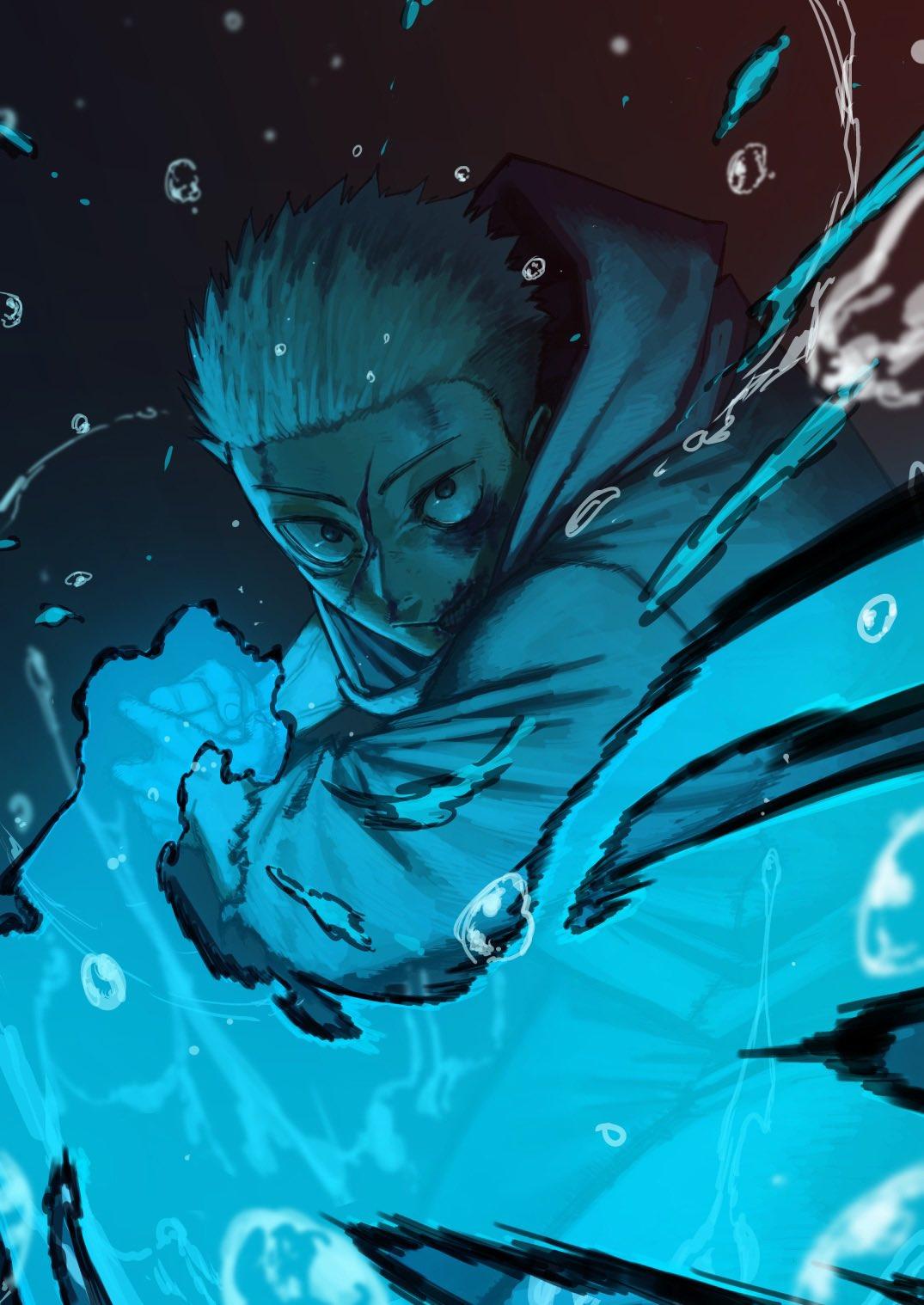 1boy, a_(mitei7926), blue_theme, clenched_hand, cursed_energy_(jujutsu_kaisen), exposed_teeth, expressionless, highres
