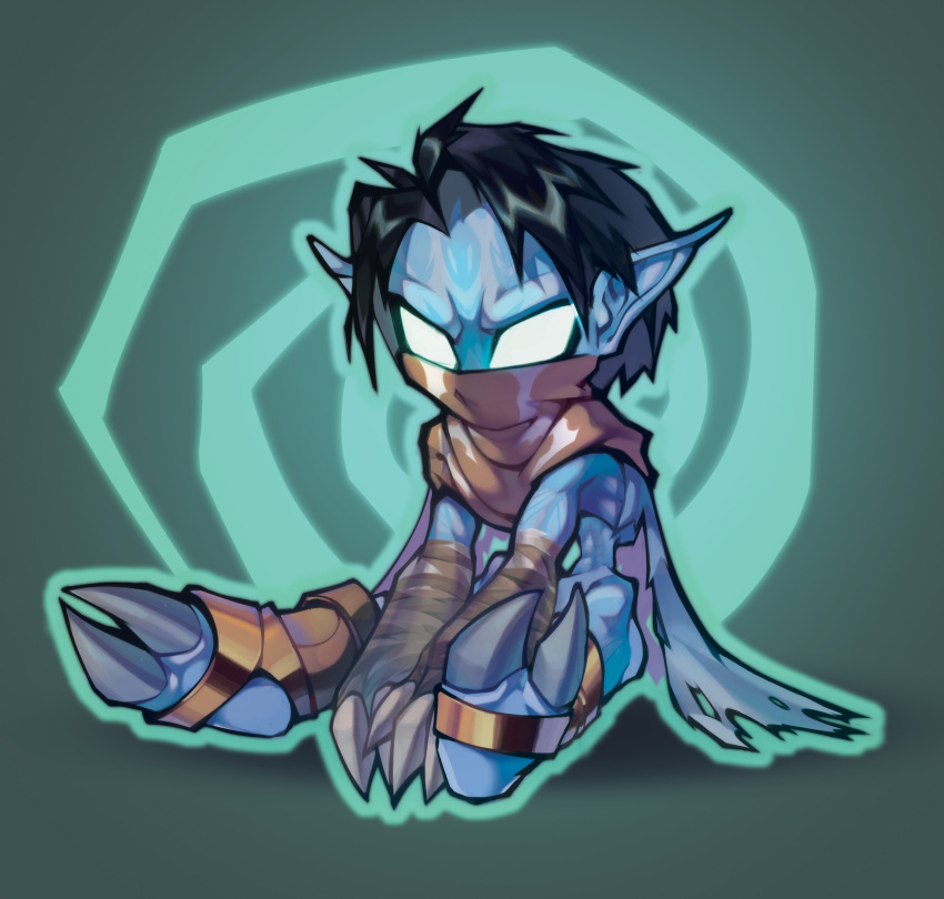 1boy, absurdres, aged_down, bandages, black_hair, blue_skin, brown_scarf, child