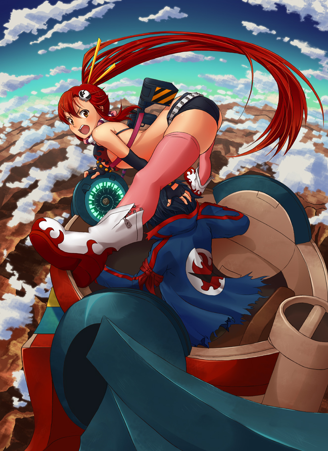 ass, bad_id, belt, bikini_top, boots, brown_eyes, cloud, gun