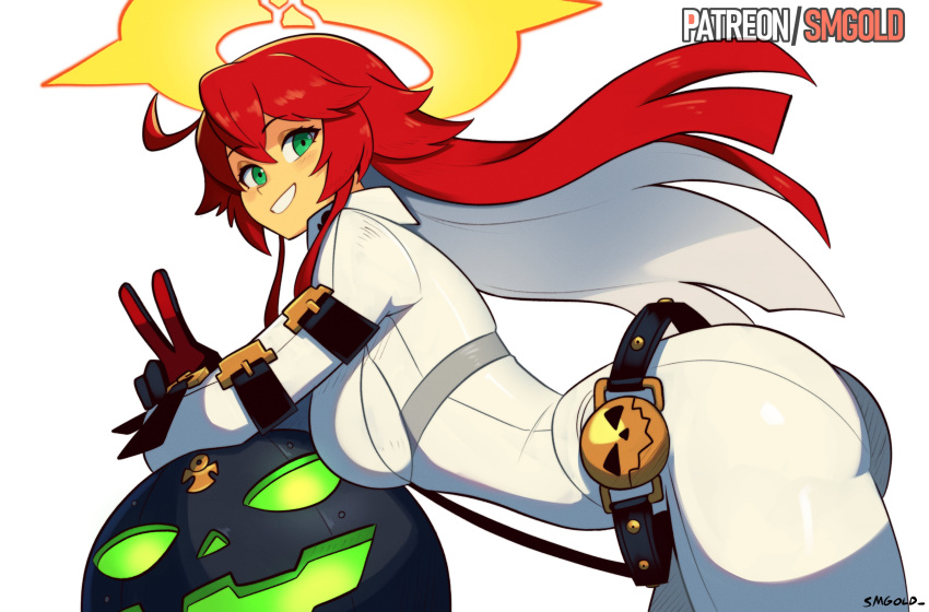 1girl, absurdres, ahoge, ankh, ankh_print, ass, belt, black_gloves