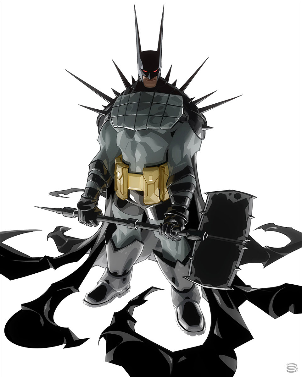 1boy, absolute_batman, absolute_dc, alex_garner, axe, back_spikes, bat_mask, batman