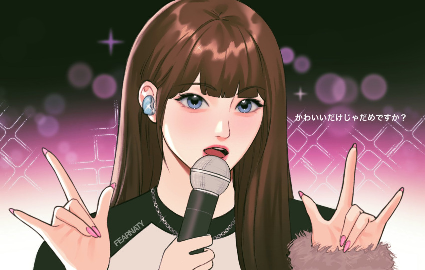 1girl, 1other, \m/, artist_name, blue_eyes, brown_hair, earpiece, english_commentary, fearnaty, glint, hair_behind_ear, highres, holding, holding_microphone, hong_eunchae, jewelry, k-pop, le_sserafim, looking_at_viewer, microphone, necklace, open_mouth, pink_lips, pink_nails, portrait, real_life, solo_focus, translation_request