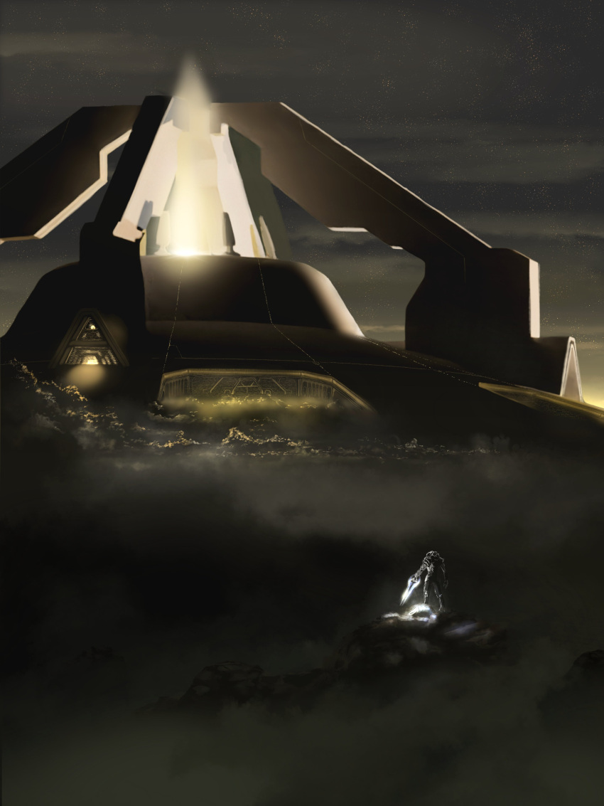 1boy, absurdres, alien, anodyne, arbiter, armor, clouds, energy_sword, english_commentary, fog, glowing, halo_(series), halo_2, highres, holding, holding_sword, holding_weapon, sangheili, scenery, science_fiction, standing, sword, thel'vadam, type-1_energy_sword, weapon