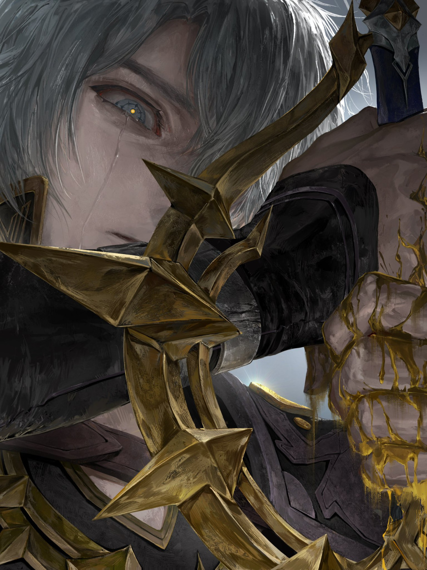 1boy, arms_up, black_shirt, blue_eyes, broomhmh, closed_mouth, collared_shirt, commentary