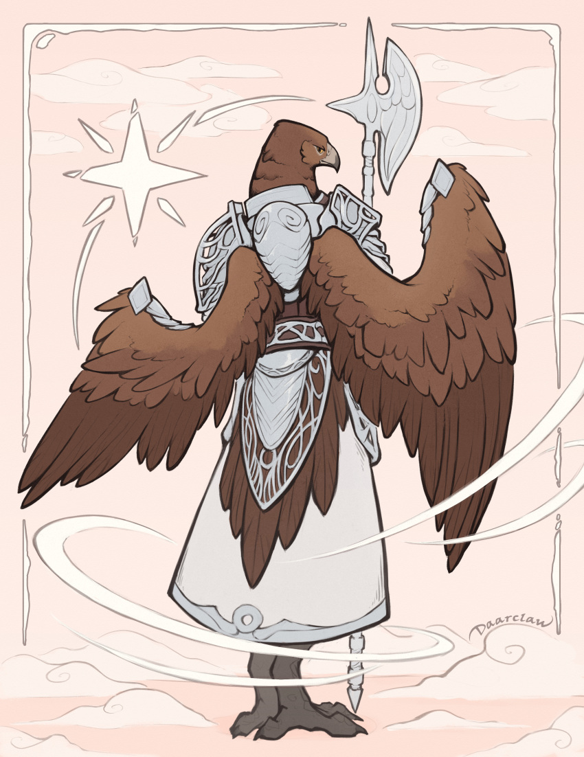 1boy, absurdres, armor, bird_boy, bird_wings, commentary, daarclaw, elden_ring, elden_ring_nightreign, english_commentary, feathered_wings, from_behind, full_body, furry, furry_male, guardian_(elden_ring), halberd, highres, holding, holding_weapon, inset_border, looking_to_the_side, male_focus, polearm, solo, standing, talons, weapon, wings