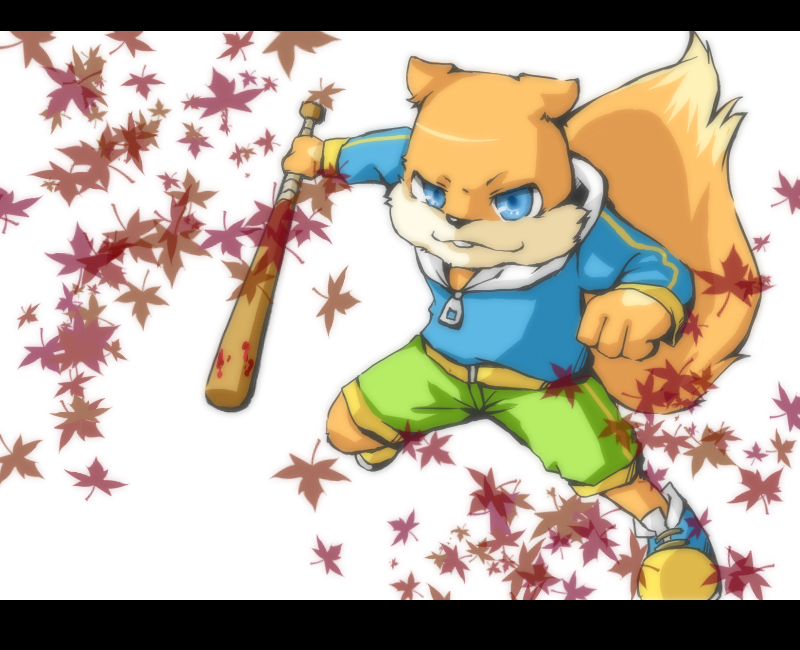 1boy, artist_request, baseball_bat, blue_eyes, conker, conker's_bad_fur_day, conker_(series), leaf