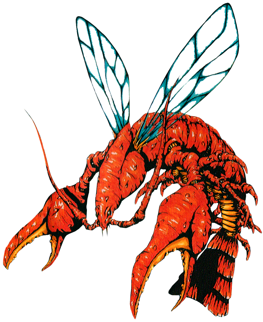 antennae, crustacean, dead_lobster_(megami_tensei), demon_(megami_tensei), flying, green_eyes, highres, insect_wings
