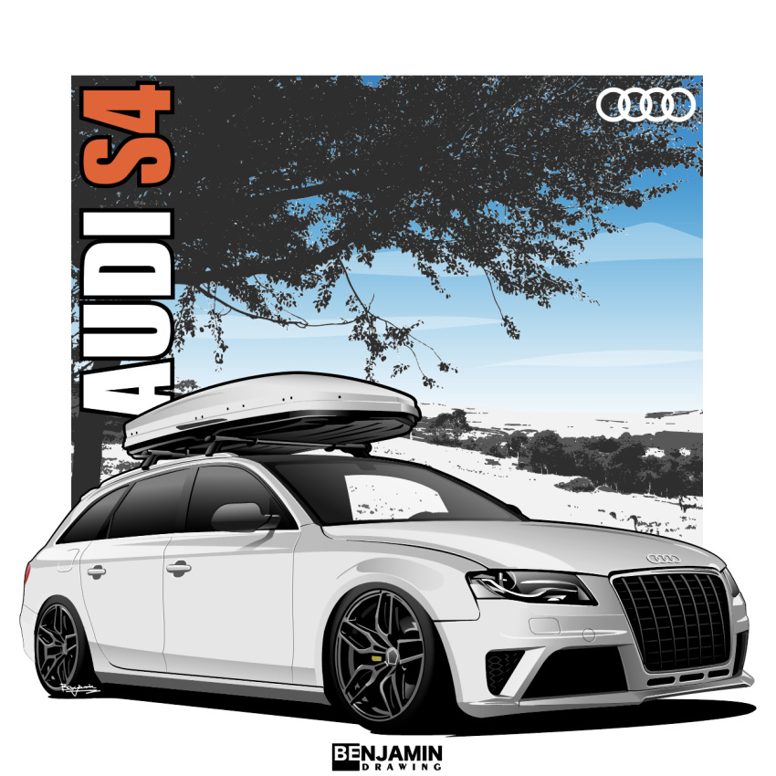 artist_logo, audi, audi_s4, benjamin_(user_scjv3278), border, car, clouds, highres, logo, motor_vehicle, no_humans, original, outside_border, shadow, sky, vehicle_name, white_border, white_car