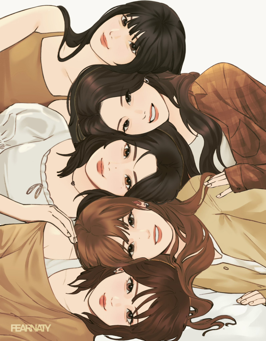 5girls, artist_name, black_eyes, black_hair, brown_camisole, brown_cardigan, brown_eyes, brown_hair