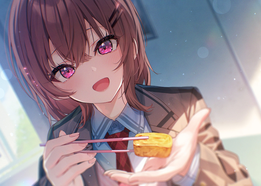 1girl, absurdres, black_jacket, blush, brown_hair, chanto_suki_tte_ieru_ko_musou, chihiro_ayaka, chopsticks