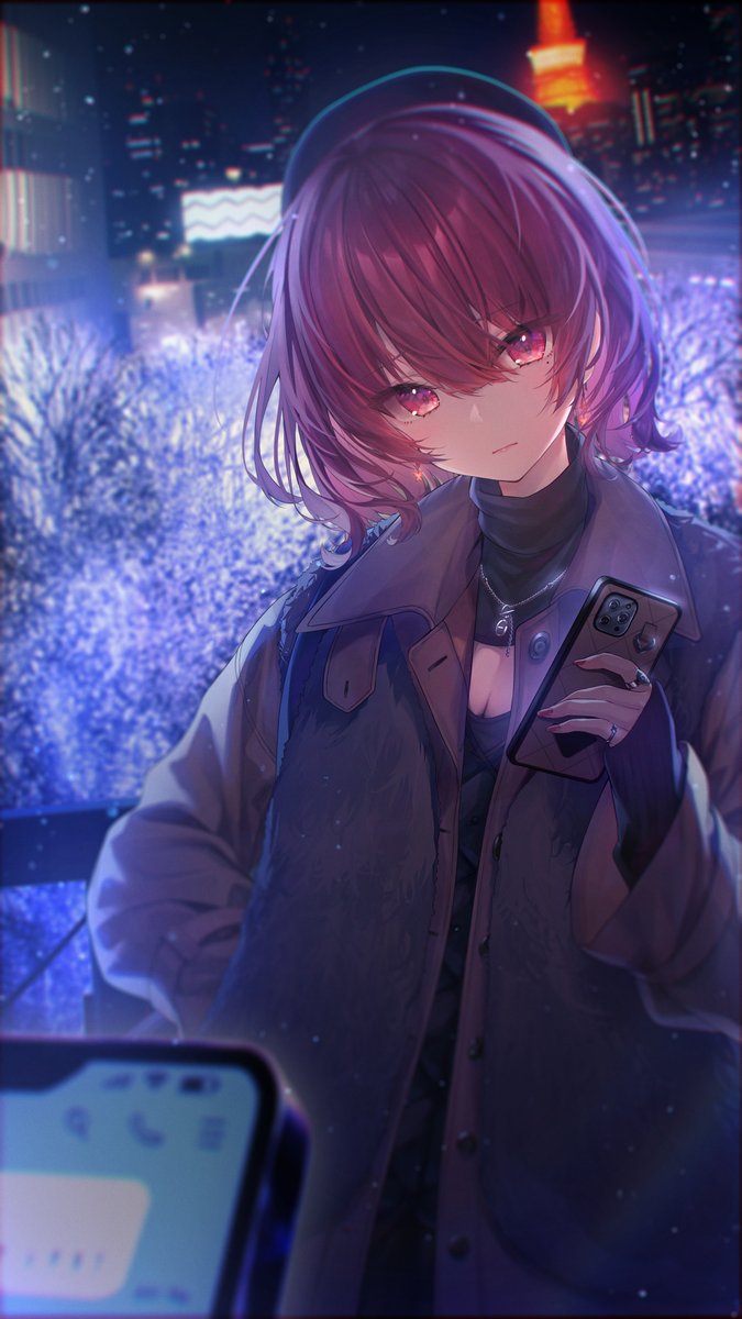 1girl, black_hat, blush, cellphone, chanto_suki_tte_ieru_ko_musou, chihiro_ayaka, city, hat