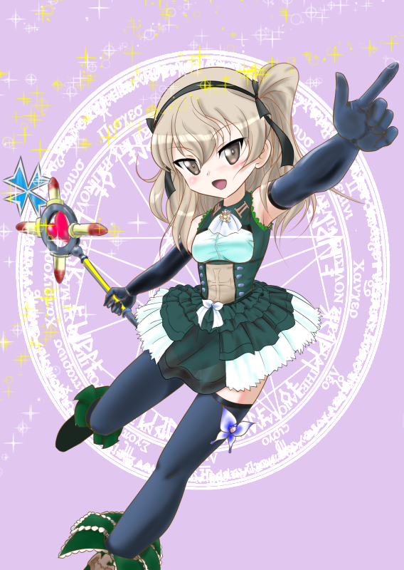 1girl, breasts, brown_eyes, commentary_request, dress, elbow_gloves, girls_und_panzer, gloves, grey_hair, holding, holding_wand, kazuna_kei, long_hair, looking_at_viewer, magic_circle, magical_girl, one_side_up, open_mouth, shimada_arisu, small_breasts, smile, solo, sparkle, thigh-highs, wand
