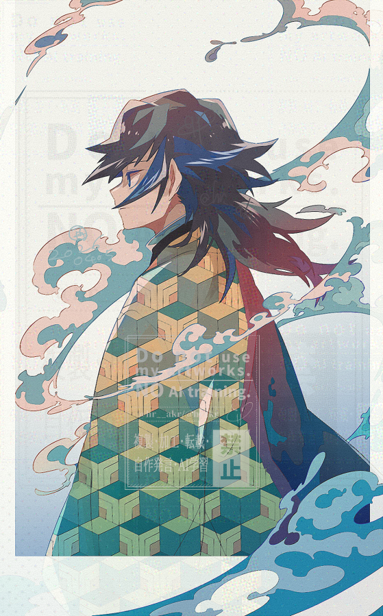 1boy, black_hair, blue_eyes, closed_mouth, hair_between_eyes, haori, high_collar, japanese_clothes