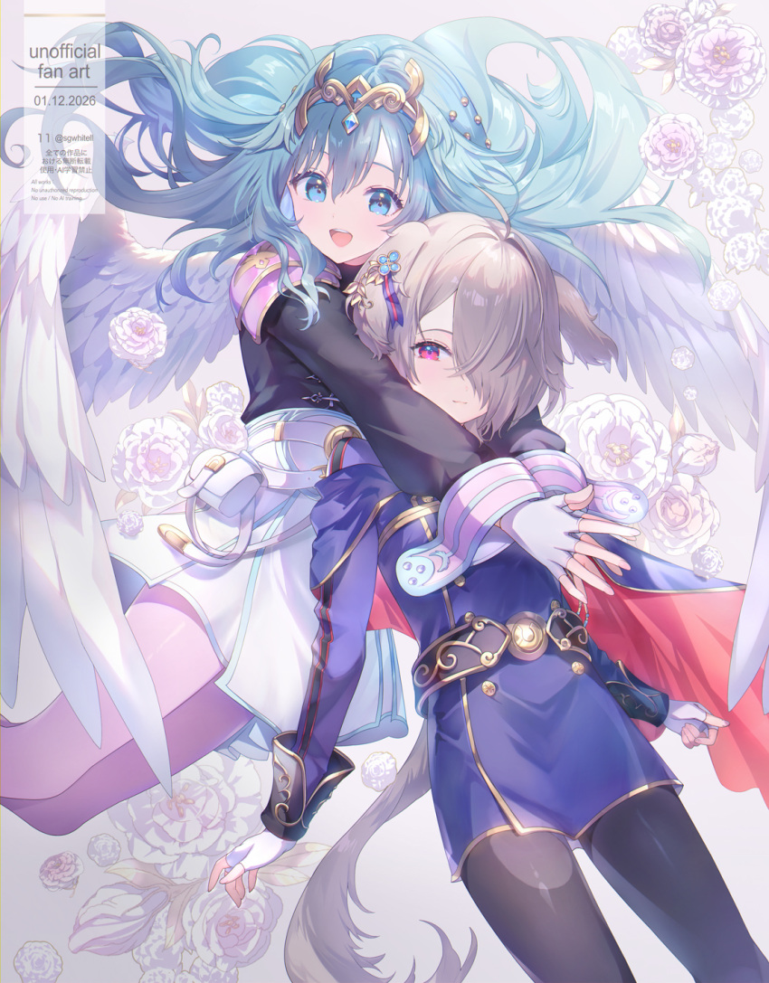 11-chan, 2girls, :d, androgynous, angel_wings, aqua_hair, black_shirt, blue_cape