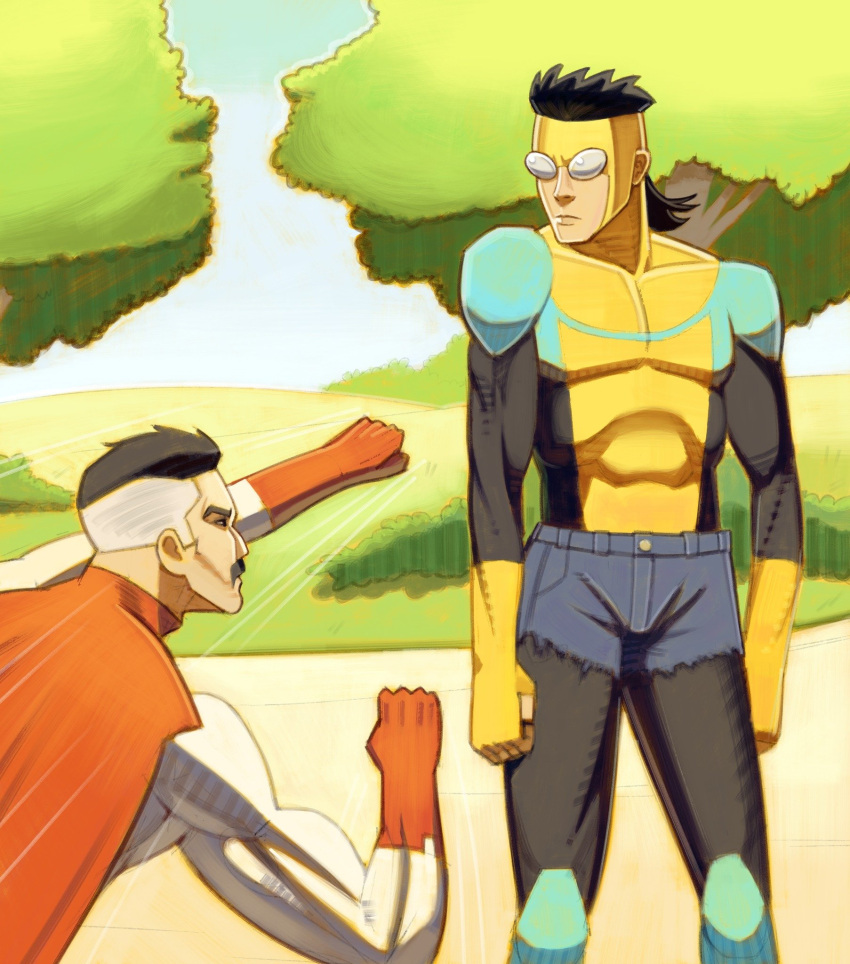 2boys, bodysuit, covered_abs, father_and_child, father_and_son, full_mask, highres, invincible_(character)