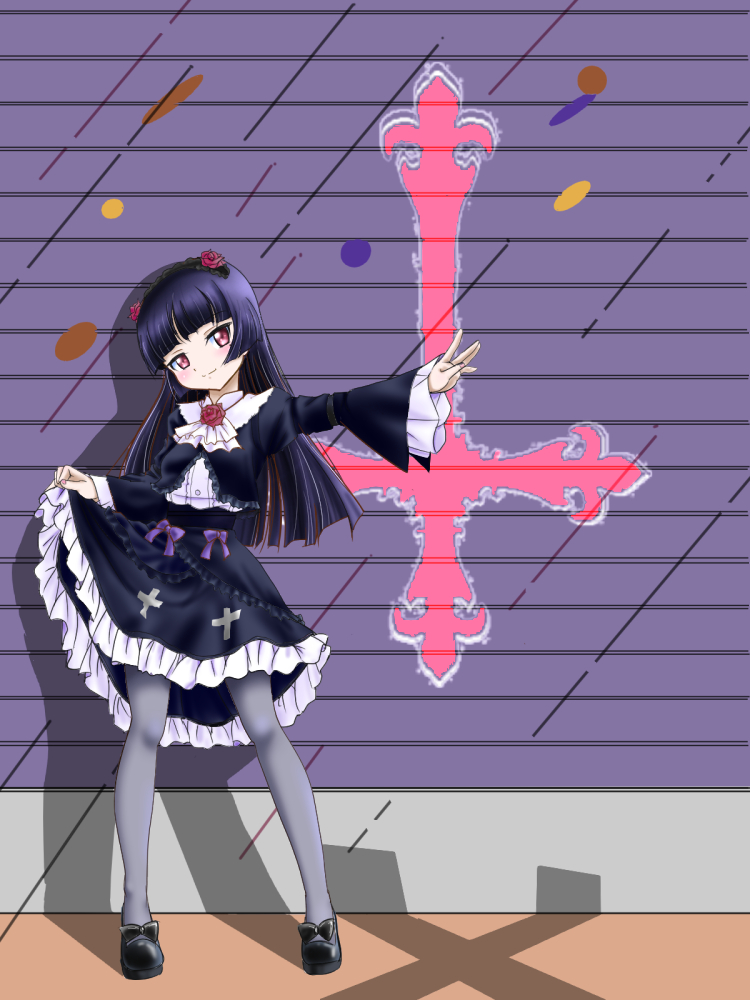 1girl, black_hair, commentary_request, cross, full_body, gokou_ruri, gothic_lolita, holding_own_skirt