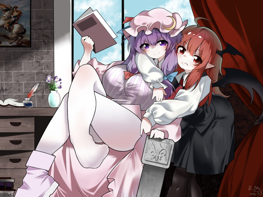 >:), 2girls, :d, ahoge, arm_around_neck, bat_wings, black_pantyhose, black_skirt