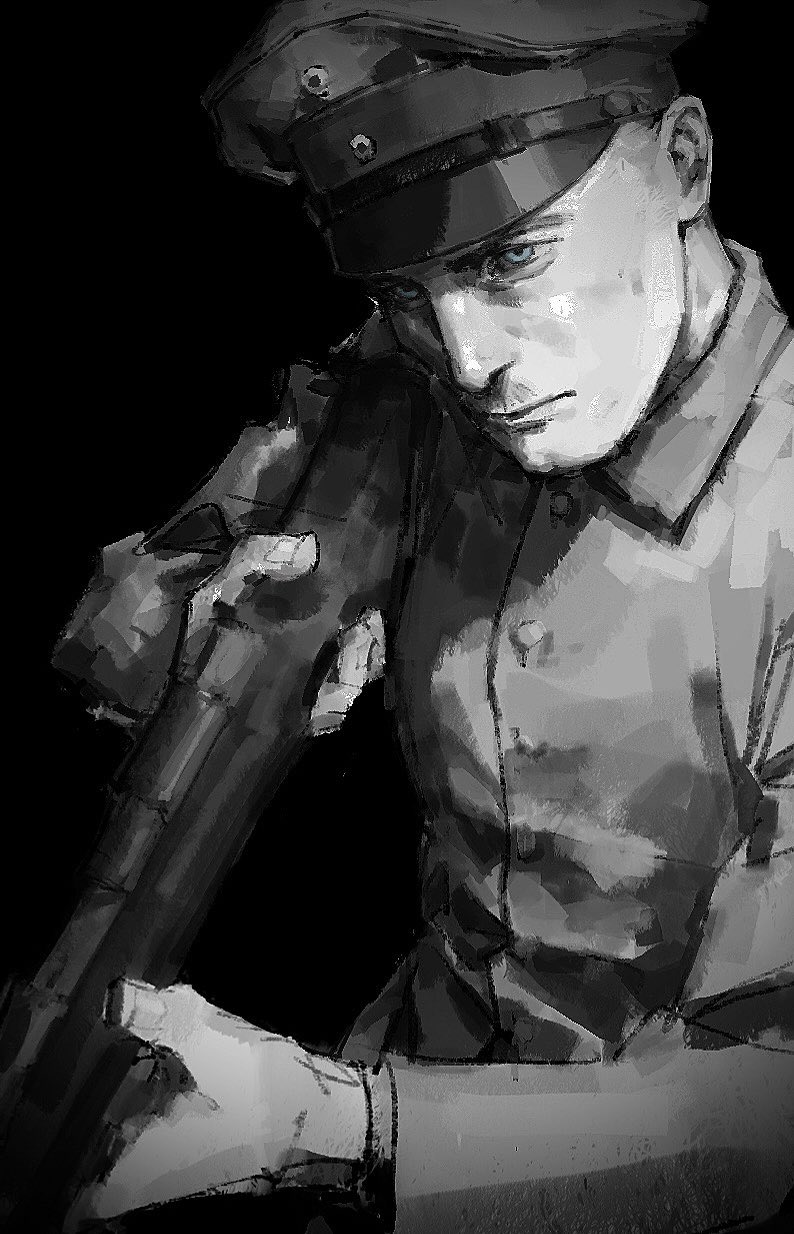 black_background, ecku_(eckiiaaoo), erwin_rommel, gun, highres, real_life, rifle, simple_background