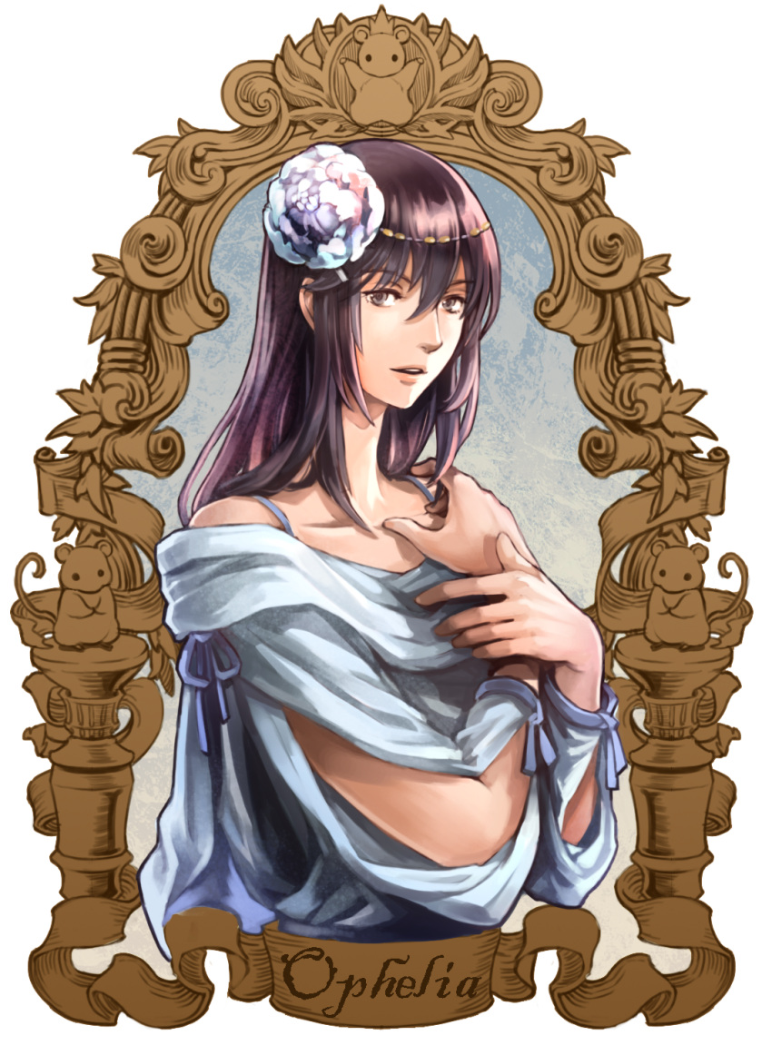 bare_shoulders, crossdressinging, flower, grey_eyes, hair_flower, hair_ornament, highres, imari