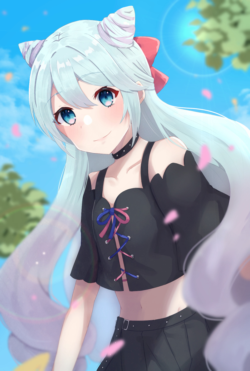 1boy, bare_shoulders, blue_eyes, blue_hair, collarbone, cone_hair_bun, drill_hair, fire_emblem, fire_emblem_engage, hair_bun, hair_horns, highres, kotoriya_kuguri, long_hair, looking_at_viewer, male_focus, midriff, outdoors, pink_hair, rosado_(fire_emblem), smile, solo, trap, very_long_hair