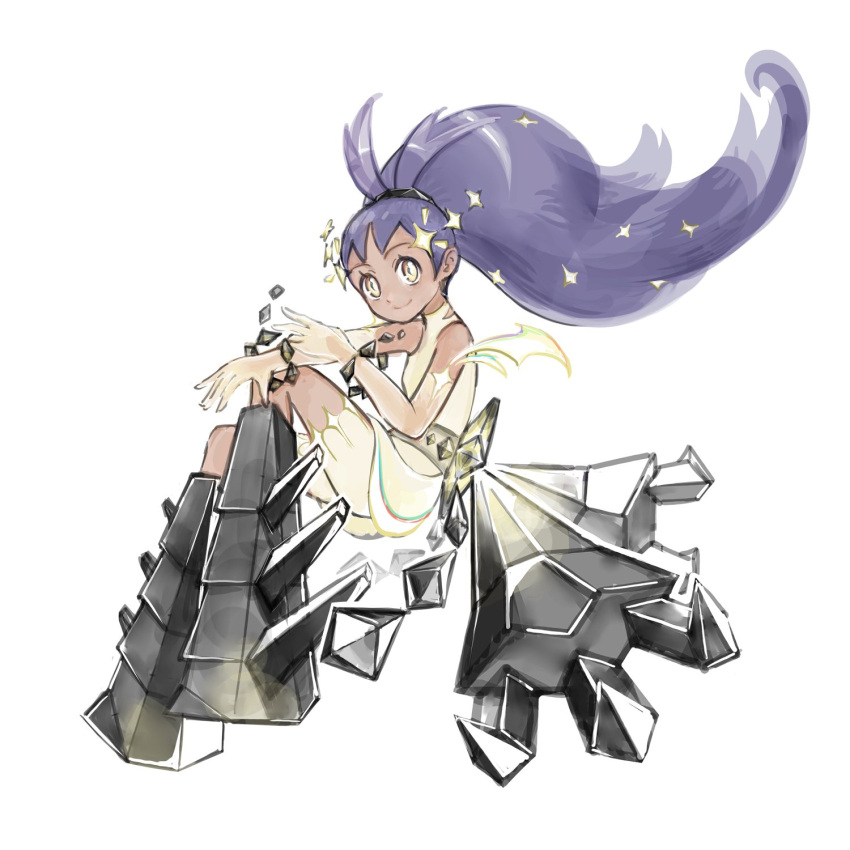 1girl, alternate_costume, black_hair, closed_mouth, cosplay, dress, elbow_gloves, ffccll, from_side, full_body, gloves, highres, iris_(pokemon), long_hair, looking_to_the_side, necrozma, necrozma_(cosplay), pokemon, pokemon_black_and_white, ponytail, simple_background, smile, solo, white_background, yellow_dress, yellow_eyes