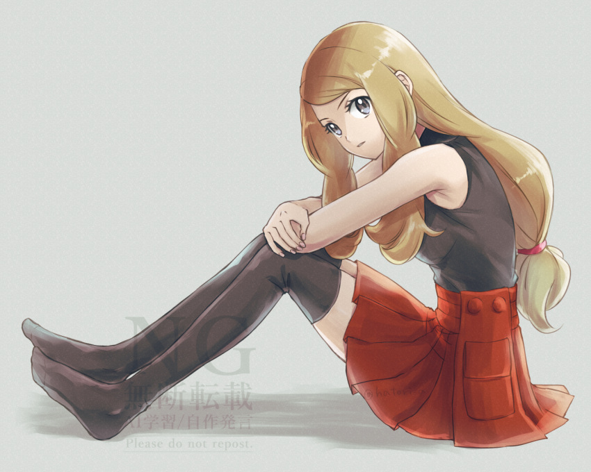 1girl, black_thighhighs, blonde_hair, commentary, eyelashes, from_side, grey_background, grey_eyes