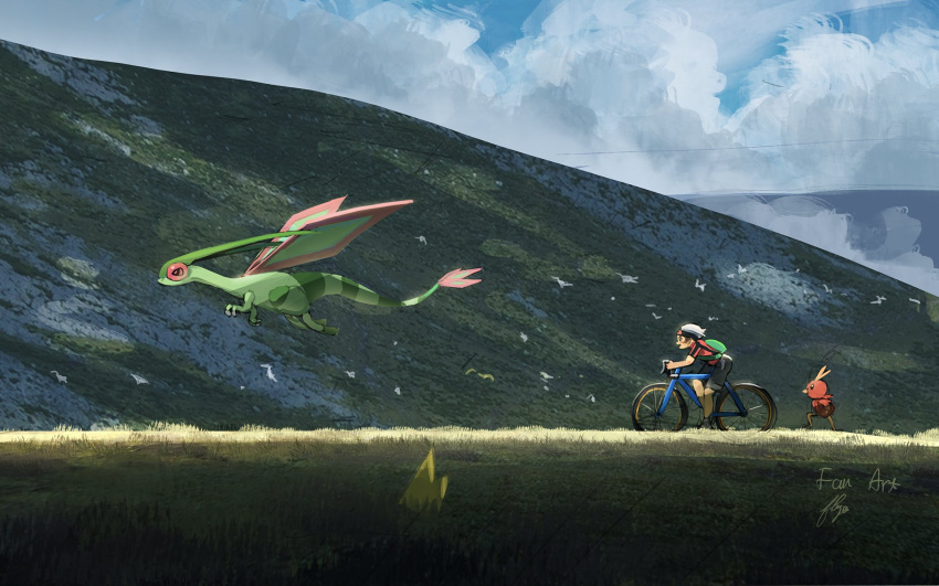 1boy, antennae, artist_name, bicycle, blue_sky, brendan_(pokemon), claws, clouds