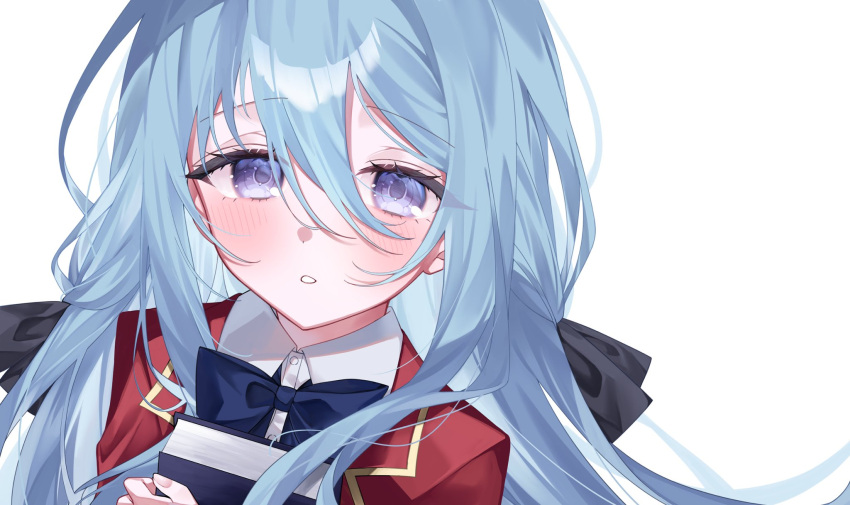 1girl, :o, blue_hair, blush, bow, bowtie, hair_between_eyes, hair_bow