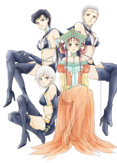 alternate_hair_color, bishoujo_senshi_sailor_moon, boots, character_request, hat, high_heels, magical_girl, multiple_girls, pixiv, princess_kakyuu, sailor_star_fighter, sailor_star_healer, sailor_star_maker, see-through, seiya_kou, shoes, sitting, swanilda, taiki_kou, thigh_boots, thighhighs, white_background, yaten_kou