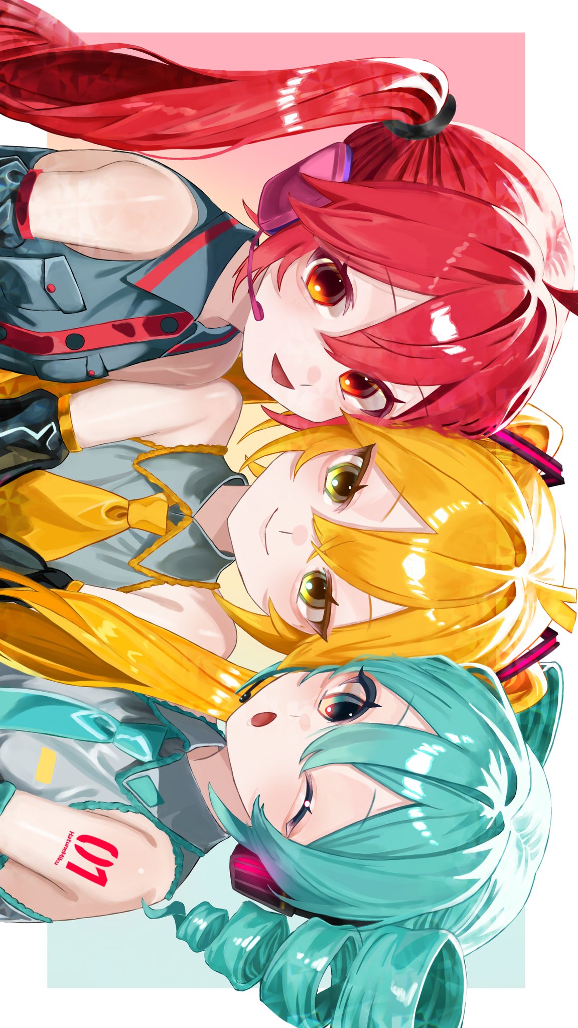 3girls, ahoge, akita_neru, alternate_hairstyle, aqua_eyes, aqua_hair, arm_tattoo, bare_shoulders