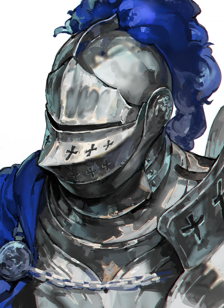 1other, aoin, armor, blue_cape, blue_plume, breastplate, cape, chain, cross, facing_to_the_side, gorget, haute_plate, helm, helmet, knight, medallion, original, portrait, side_cape, simple_background, solo, visor_(armor), white_background