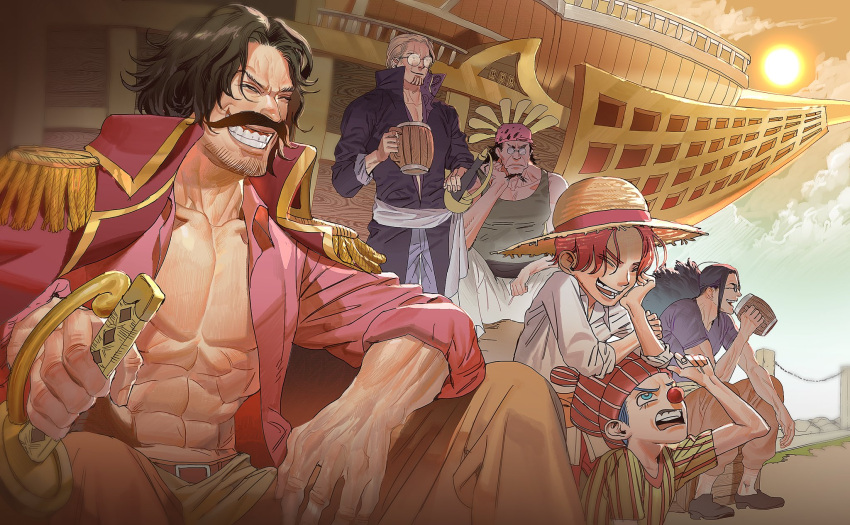 6+boys, abs, aged_down, beard_stubble, black_hair, blonde_hair, blue_nose, boat