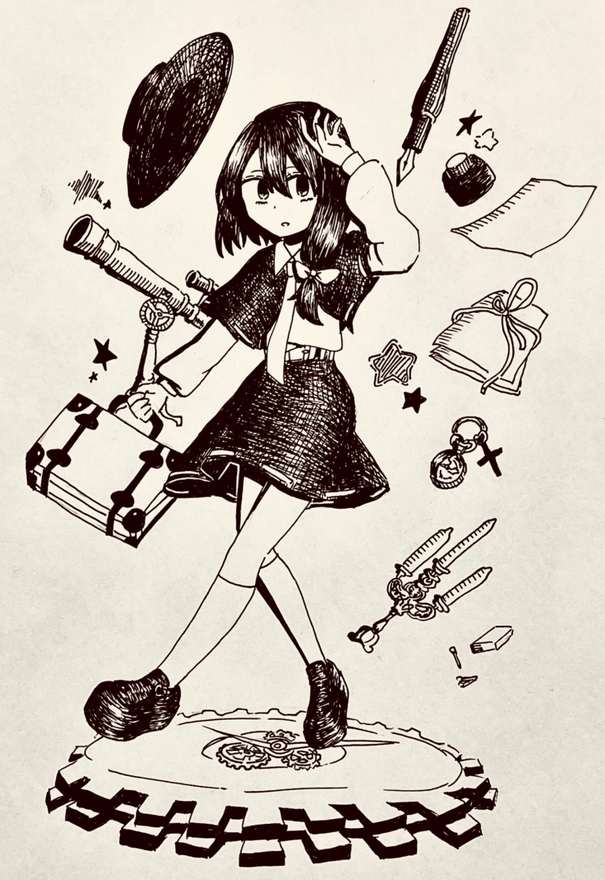 1girl, asymmetrical_sidelocks, black_capelet, black_hat, black_shoes, black_skirt, bow, candle, capelet, commentary, gears, grey_background, hair_bow, hand_on_own_head, haruka_yoppa, hat, highres, holding, holding_suitcase, long_sleeves, necktie, paper, pen, shirt, shoes, sidelocks, simple_background, skirt, socks, solo, suitcase, telescope, tool_request, touhou, unworn_headwear, usami_renko, walking, white_shirt, white_socks